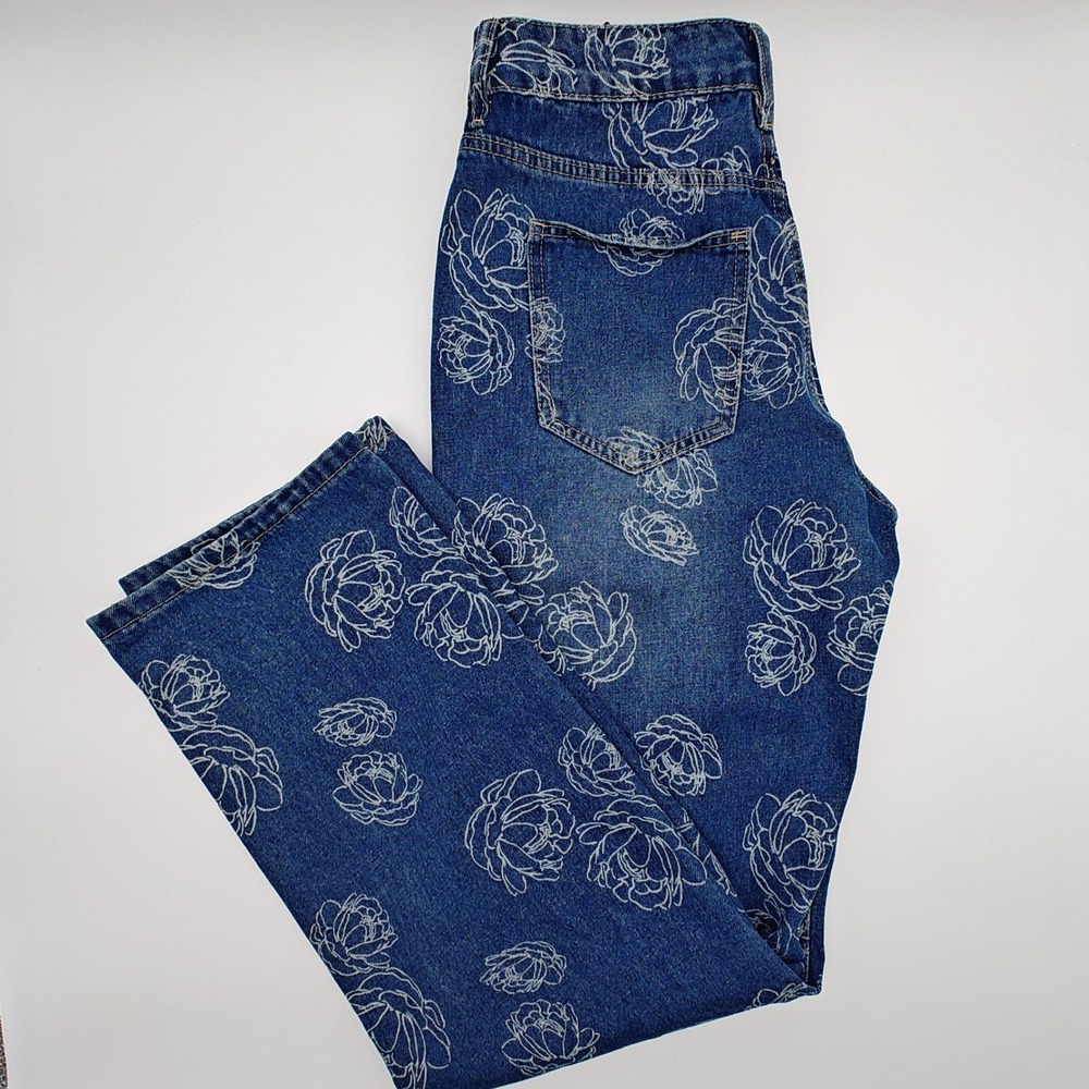 Fashion Nova Floral Print Wide Leg Jeans Womens NWT Blue High Rise Size 5